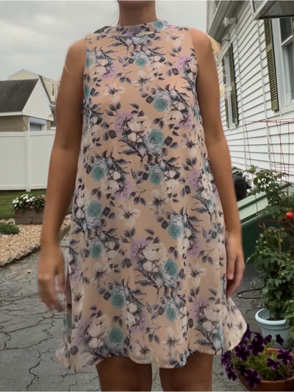 Sleeveless Peach Floral A-Line Dress